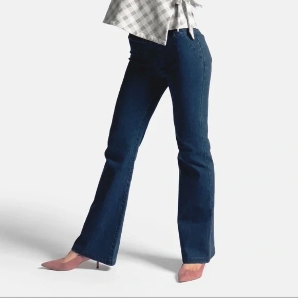 Betabrand Dark Indigo Yoga Denim Bootcut Jeans Medium Long